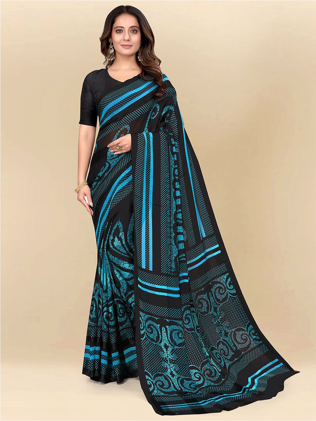 

Mitera Turquoise Blue & Black Floral Poly Chiffon Fusion Saree
