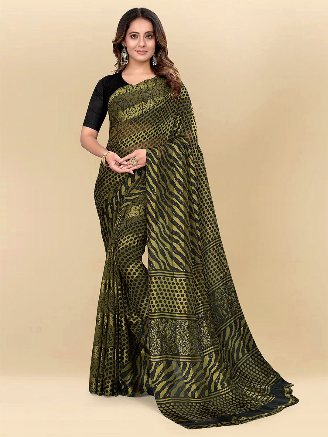 

Mitera Olive Green & Black Leheriya Poly Chiffon Fusion Saree