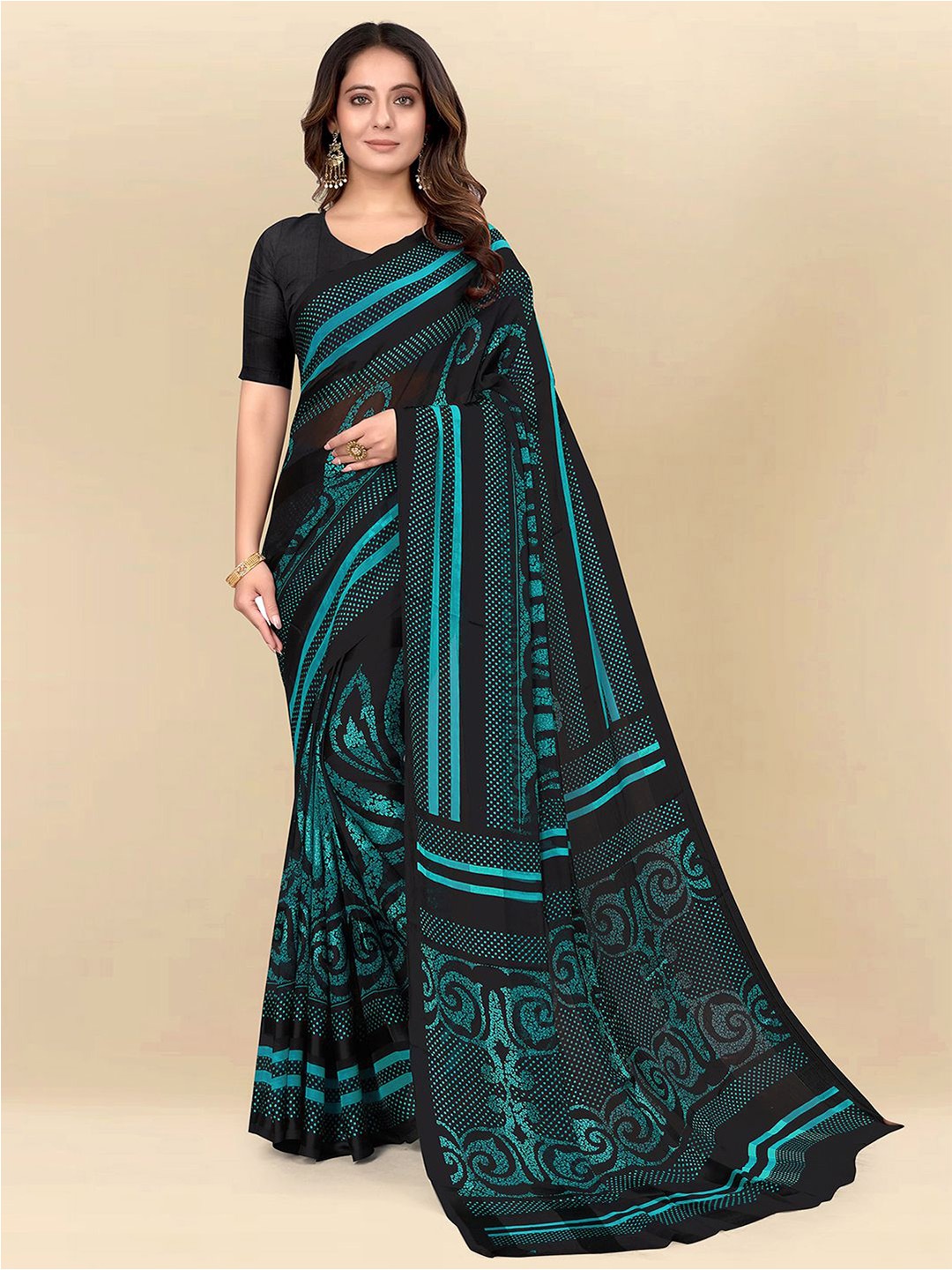 

Mitera Green & Black Abstract Printed Poly Chiffon Saree With Blouse