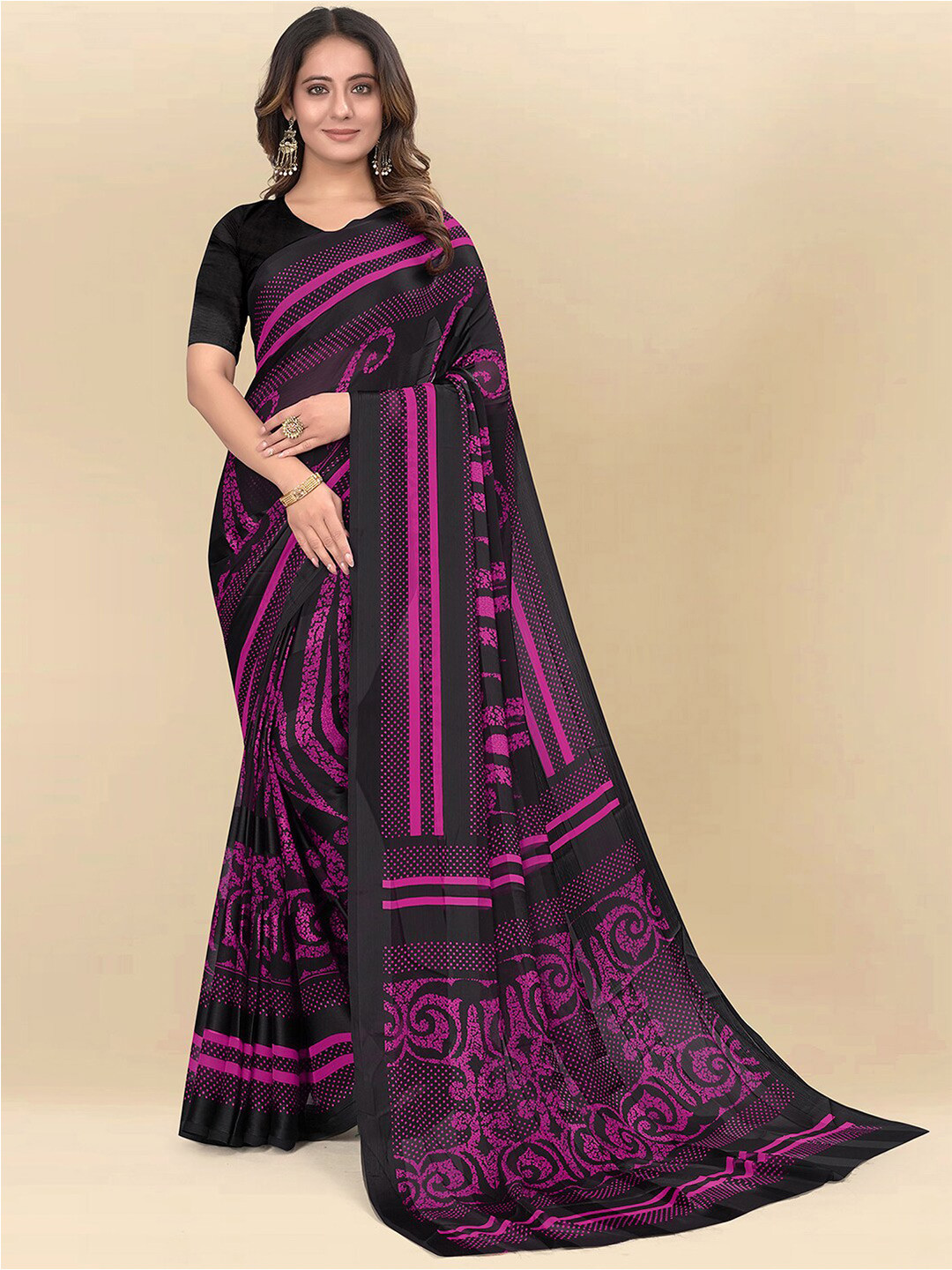 

Mitera Pink & Black Ethnic Motifs Printed Saree
