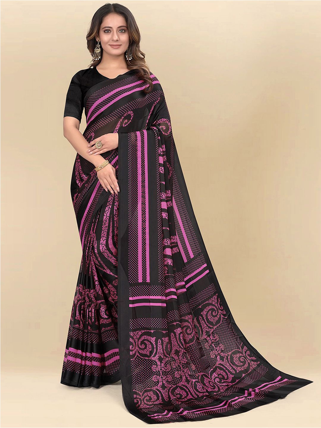 

Mitera Pink & Black Paisley Poly Chiffon Saree