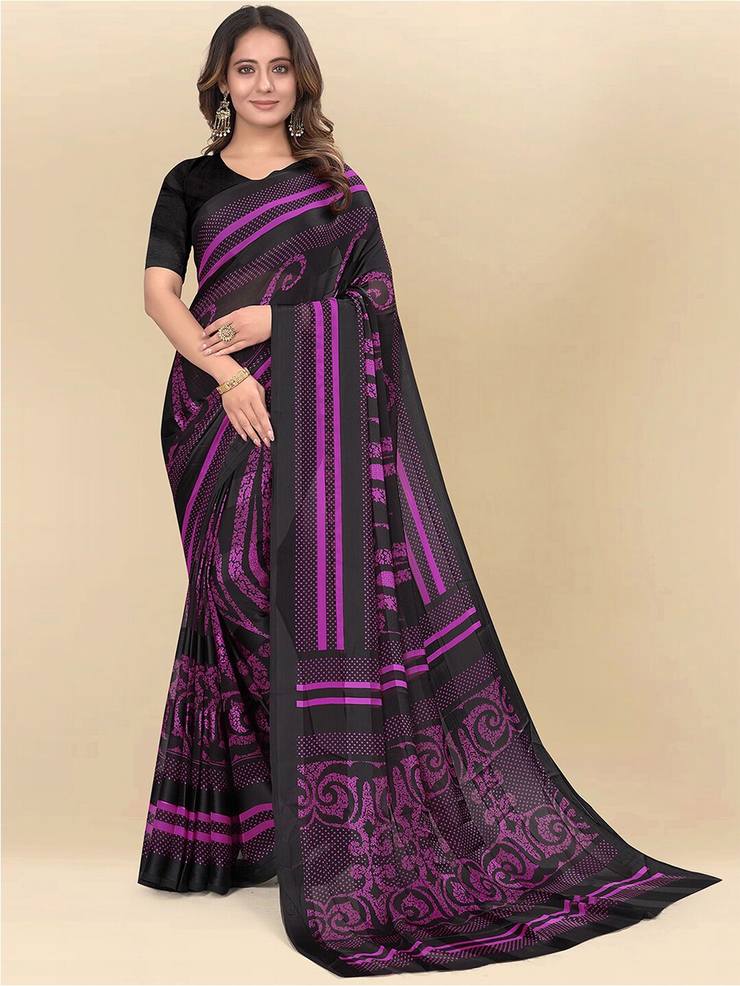 

Mitera Black & Purple Floral Poly Chiffon Saree
