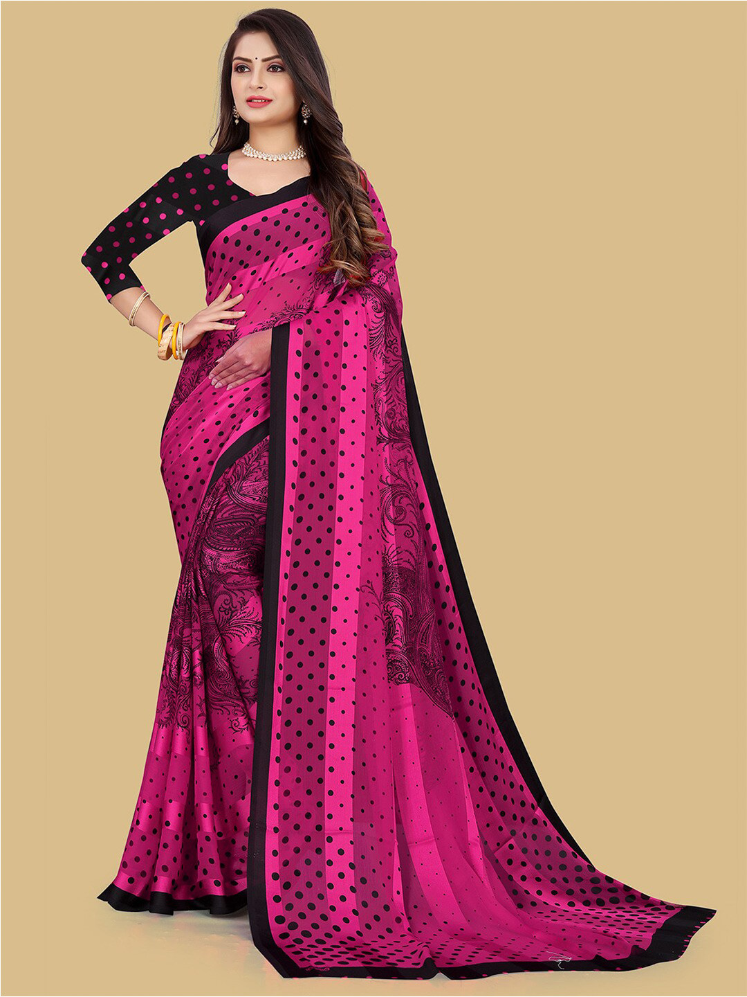 

Mitera Pink & Black Polka Dot Printed Poly Chiffon Saree
