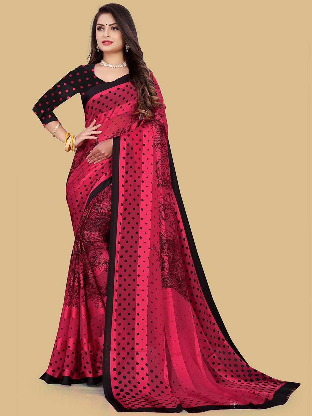 

Mitera Red & Black Ethnic Motifs Printed Poly Chiffon Saree