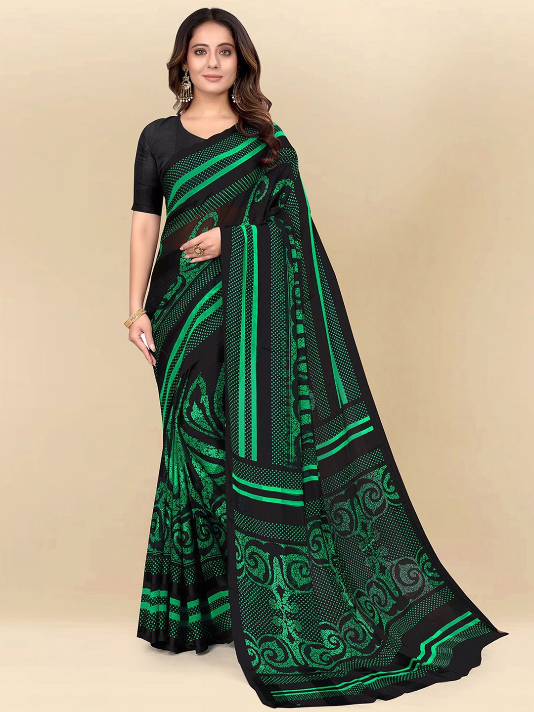 

Mitera Green & Black Ethnic Motifs Printed Poly Chiffon Saree
