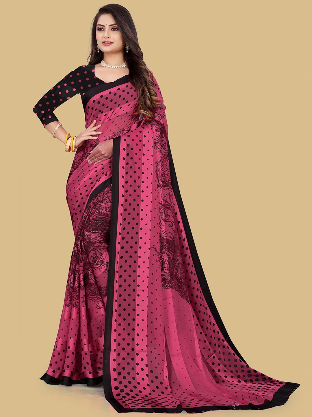 

Mitera Pink & Black Ethnic Motifs Printed Poly Chiffon Saree