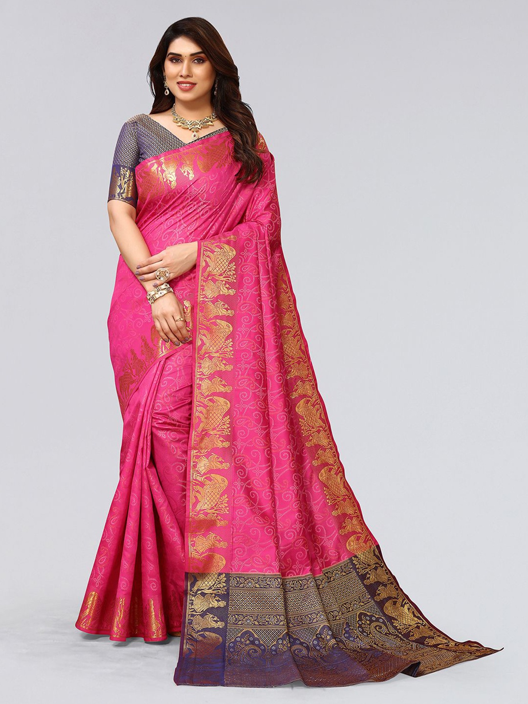 

Mitera Pink & Purple Ethnic Motifs Woven Design Zari Saree