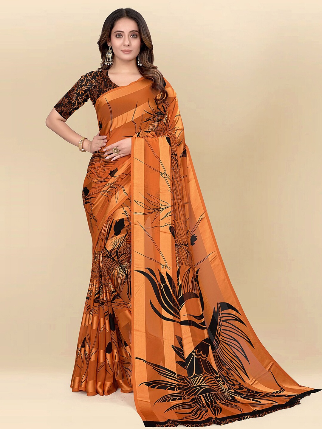 

Mitera Orange & Black Floral Printed Poly Chiffon Saree