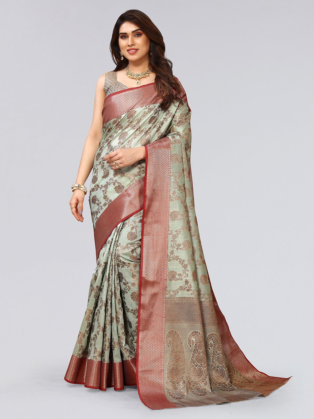

Mitera Green & Red Floral Art Silk Zari Saree With Blouse Piece