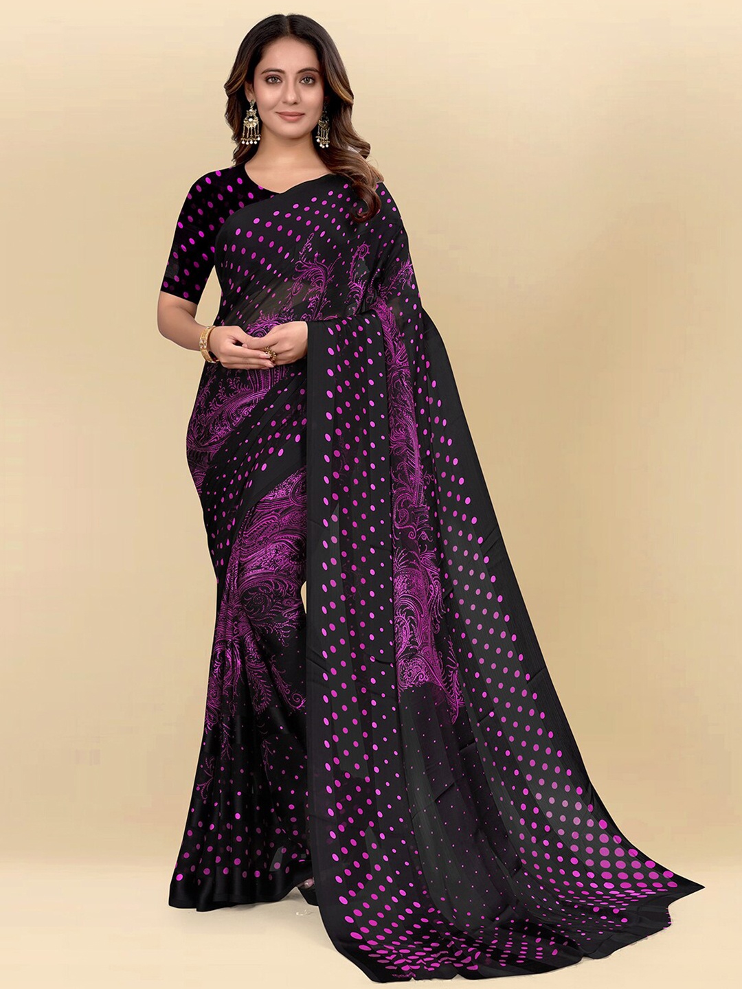 

Mitera Purple & Black Ethnic Motif Poly Chiffon Saree With Blouse Piece