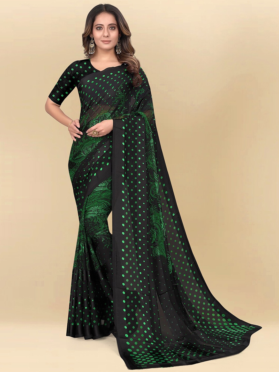 

Mitera Green & Black Polka Dot Printed Saree