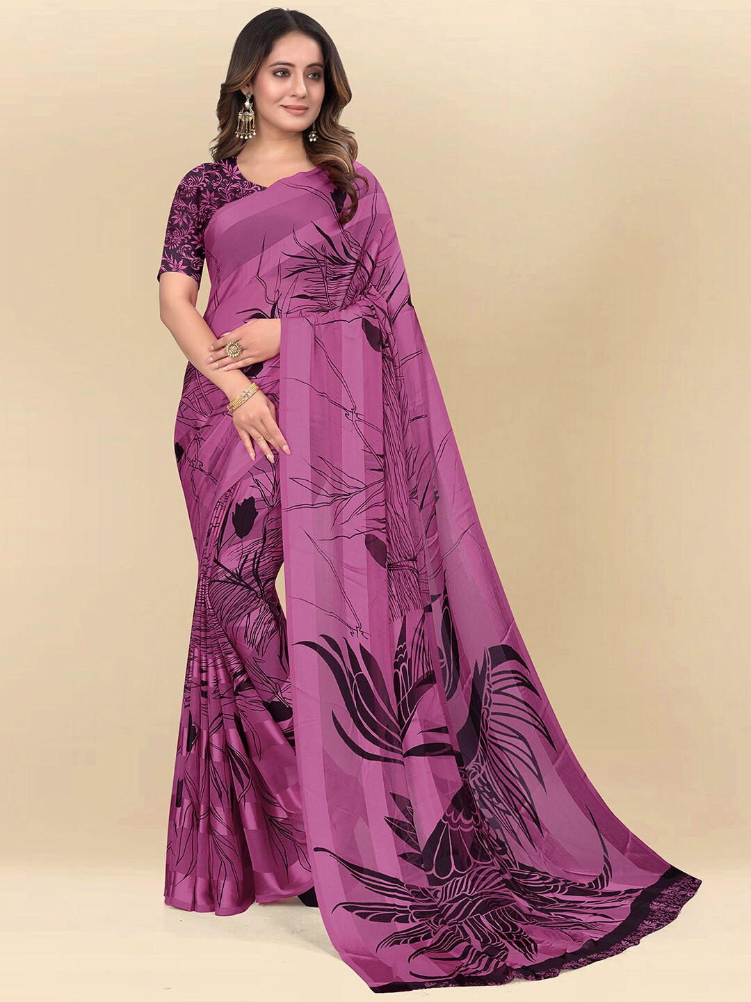 

Mitera Pink Floral Printed Saree