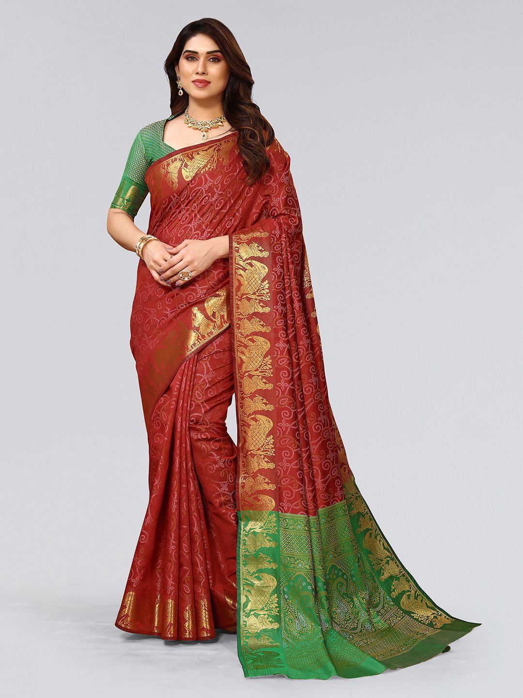 

Mitera Maroon & Green Paisley Woven Design Saree