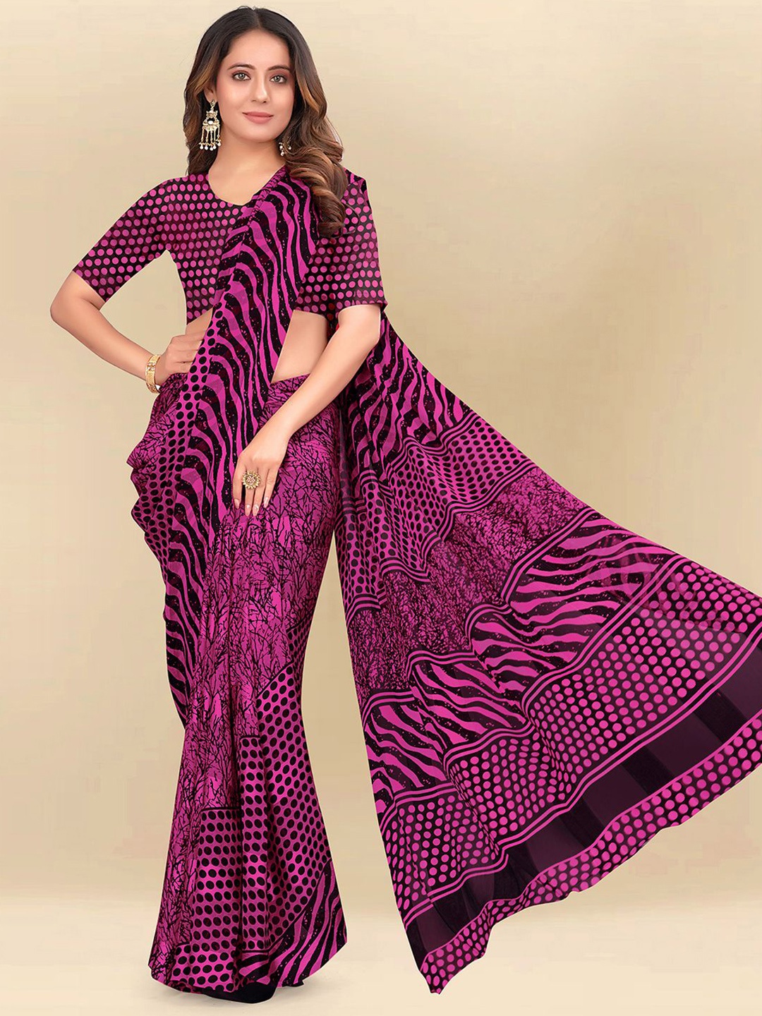 

Mitera Pink & Black Striped Poly Chiffon Saree