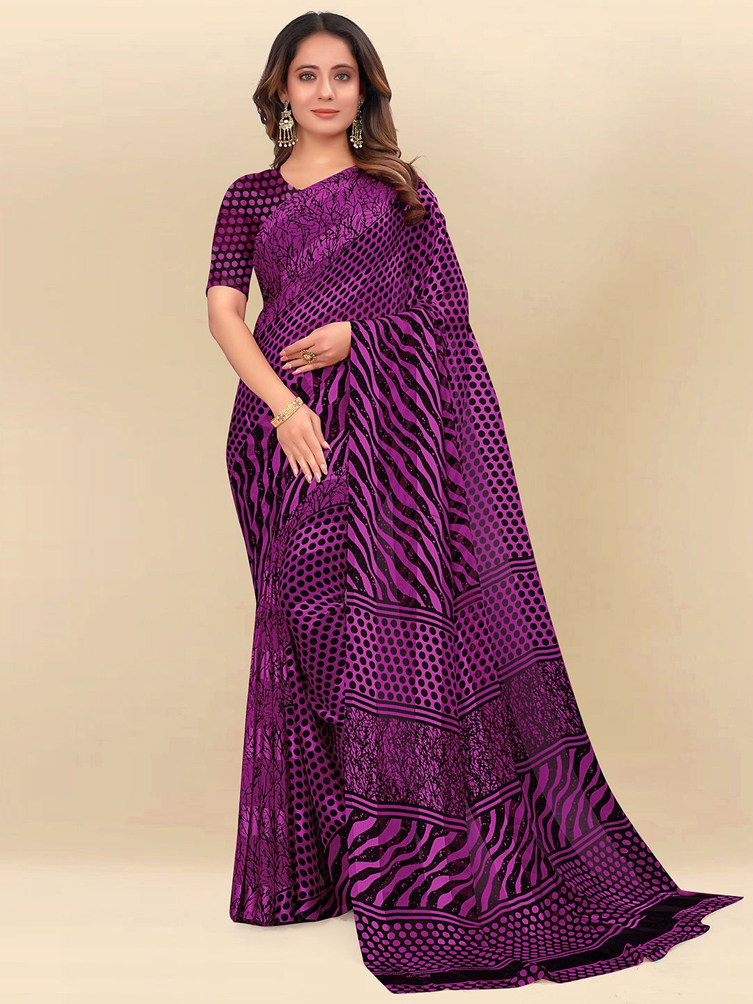 

Mitera Purple & Black Leheriya Poly Chiffon Saree