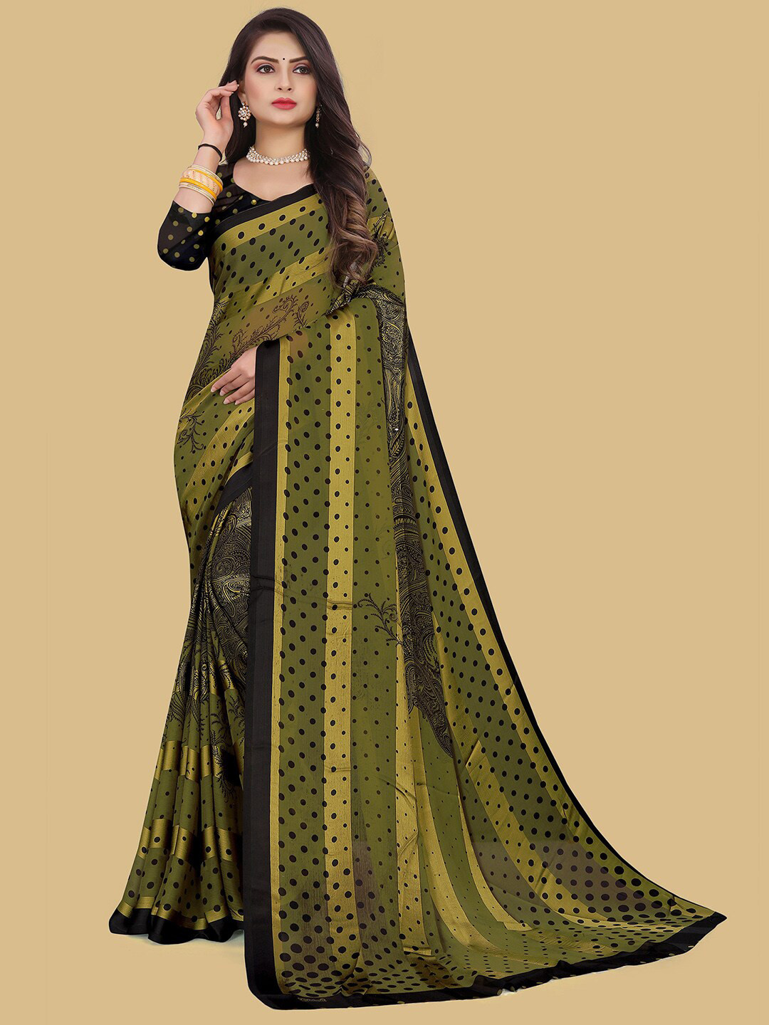 

Mitera Olive Green & Black Polka Dot Poly Chiffon Saree