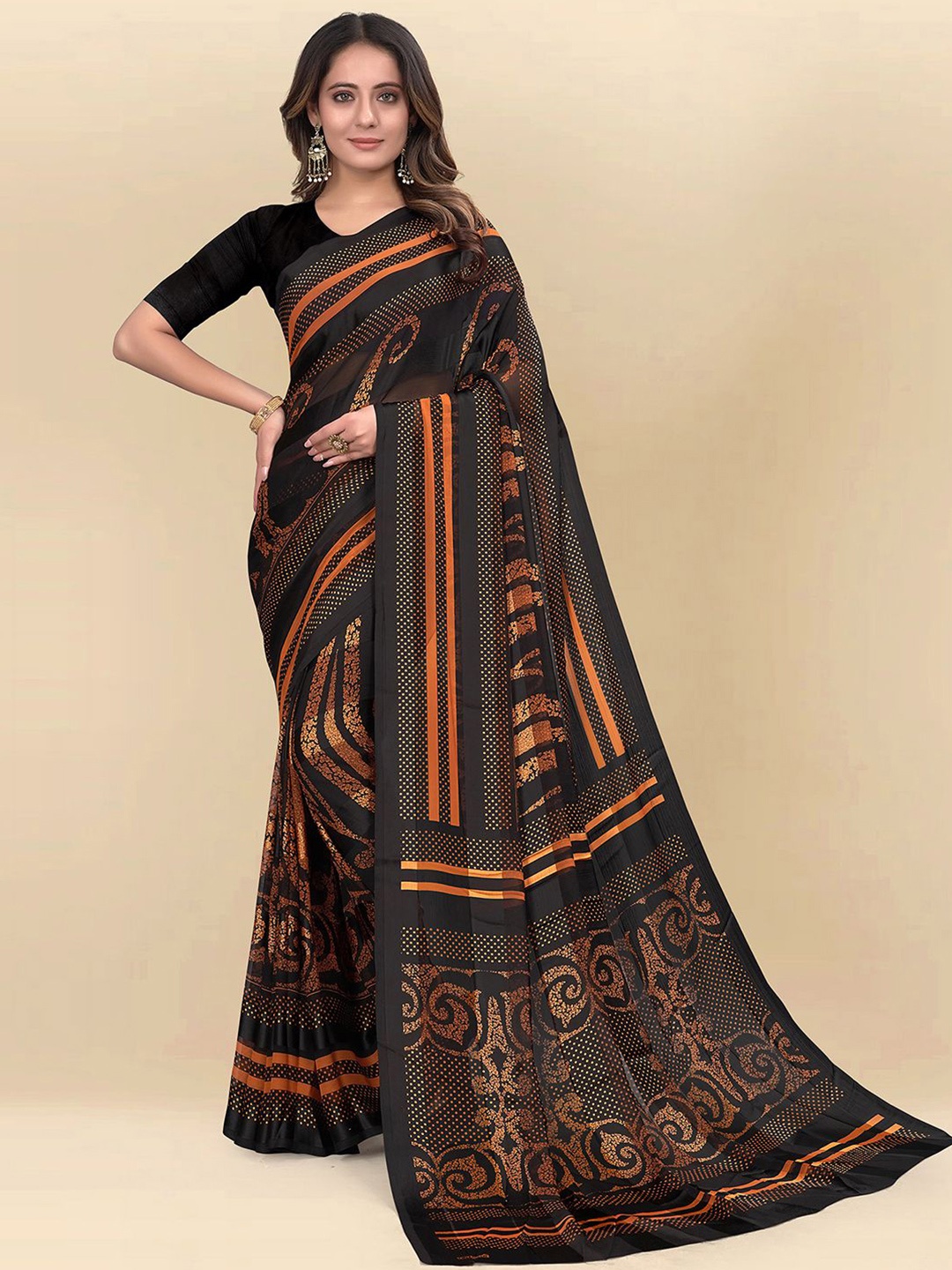 

Mitera Orange & Black Ethnic Motifs Printed Saree