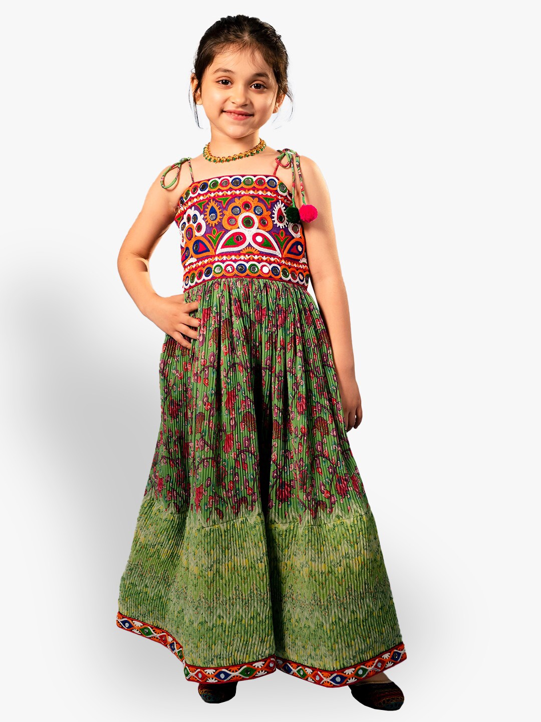 

Jilmil Ethnic Printed Accordion Pleated Embroidered Cotton Maxi Fit & Flare Dress, Green