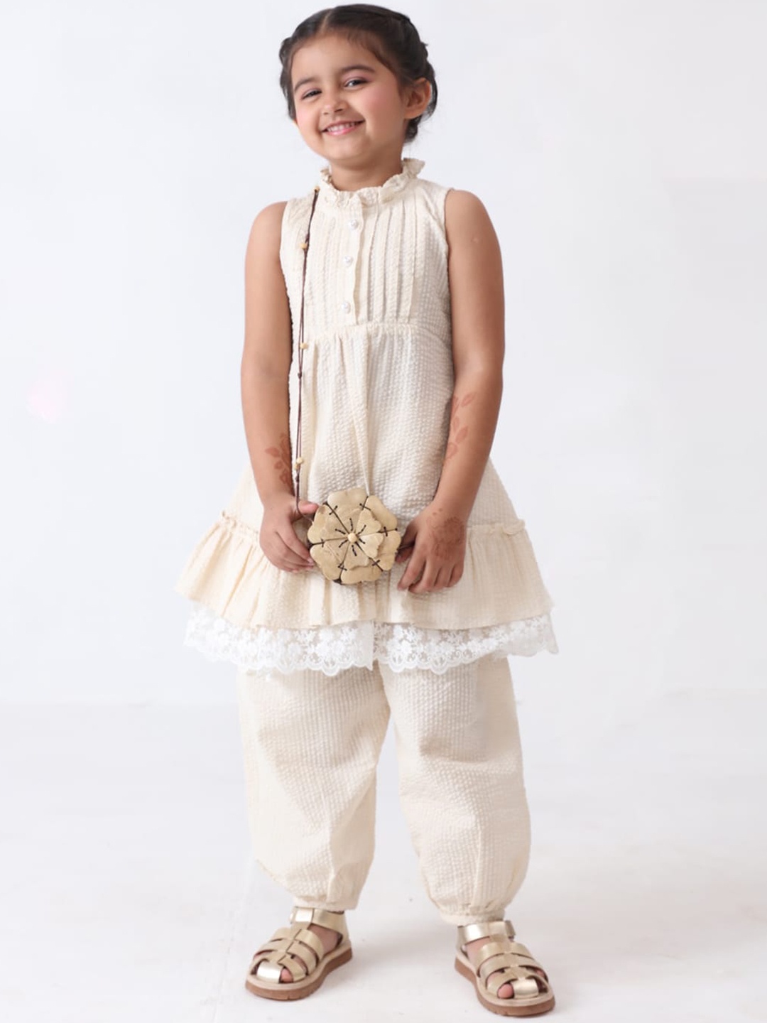 

Jilmil Girls Woven Design Regular Beads and Stones Pure Cotton Kurta with Salwar, Off white