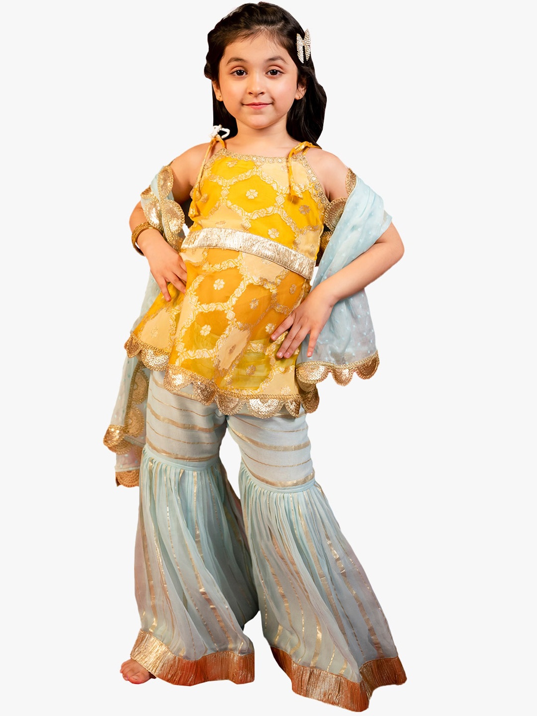 

Jilmil Girls Shoulder Straps Regular Kurti with Sharara & With Dupatta, Yellow