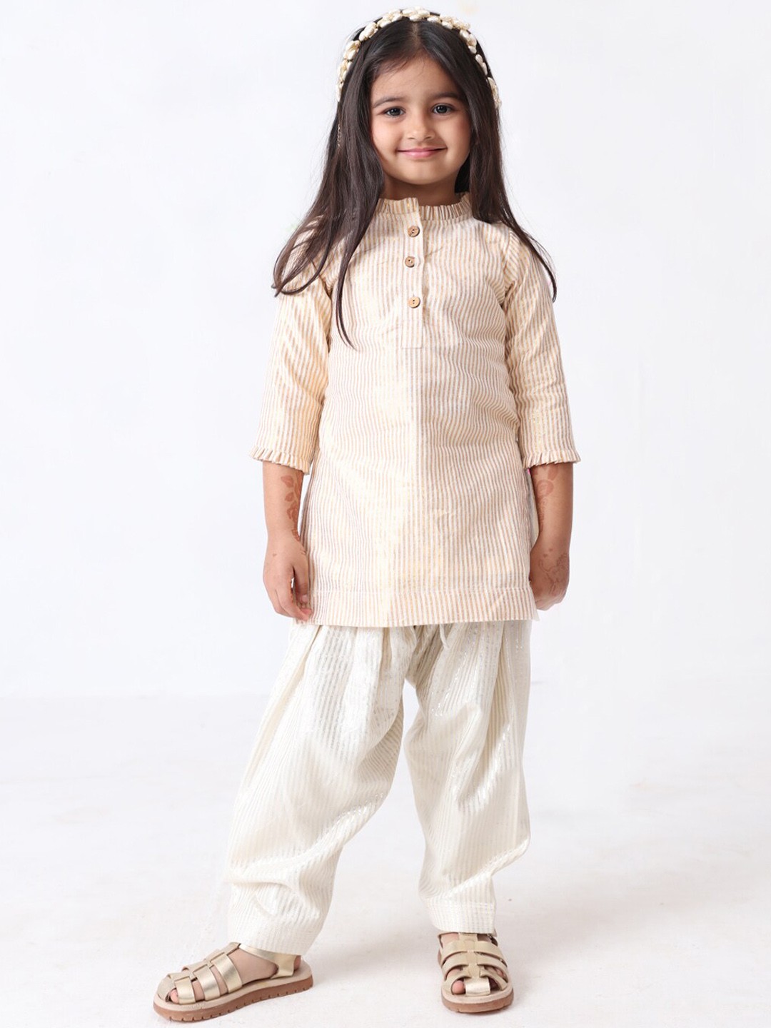 

Jilmil Girls Striped Mandarin Collar Pure Cotton Kurta With Patiala, Off white