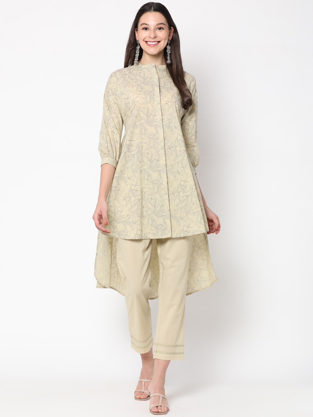 

UNTUNG Ethnic motifs Printed Mandarin Collar Pure Cotton Kurta With Trousers, Cream