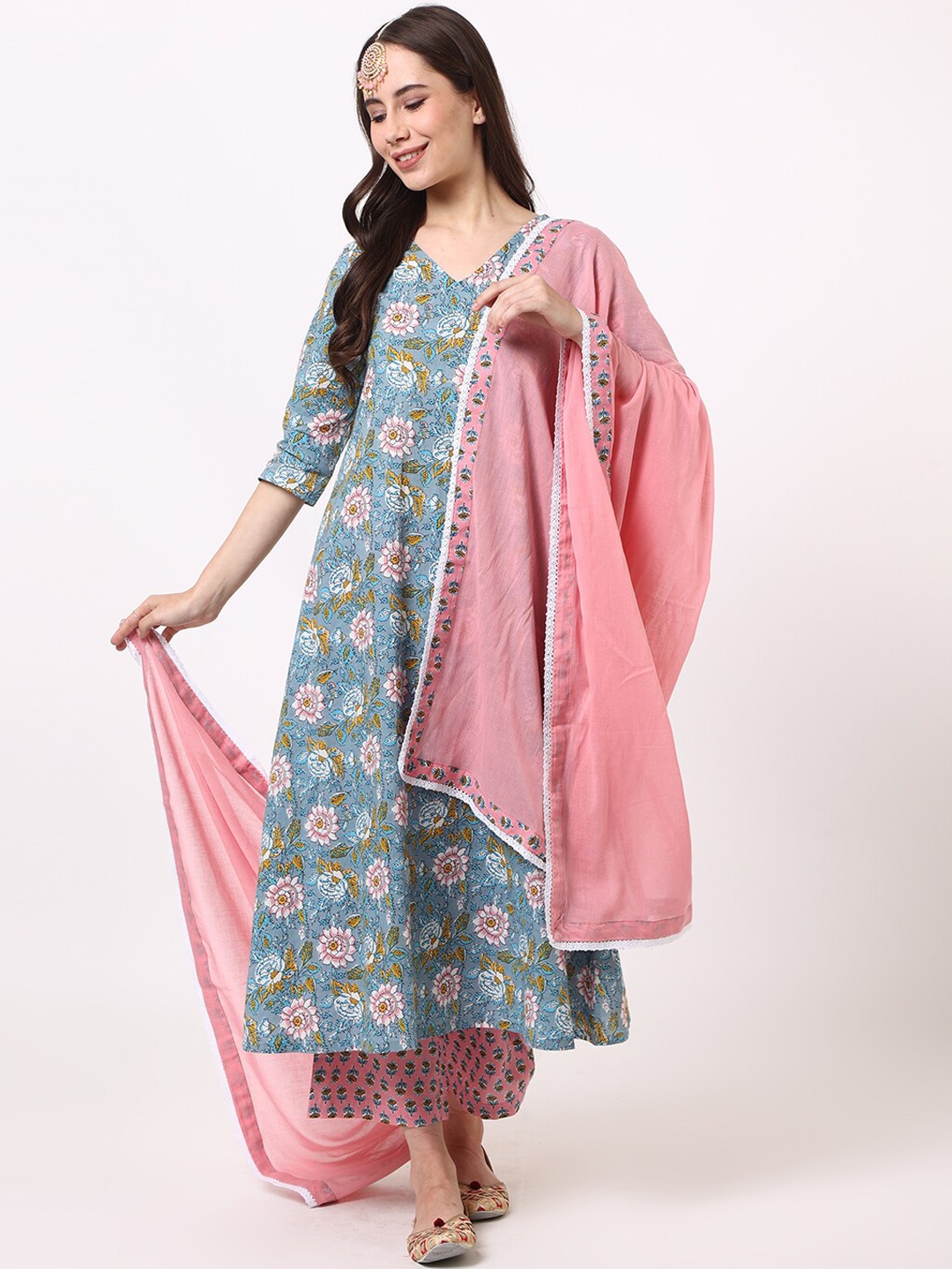 

UNTUNG Floral Printed Anarkali Pure Cotton Kurta & Trousers With Dupatta, Pink