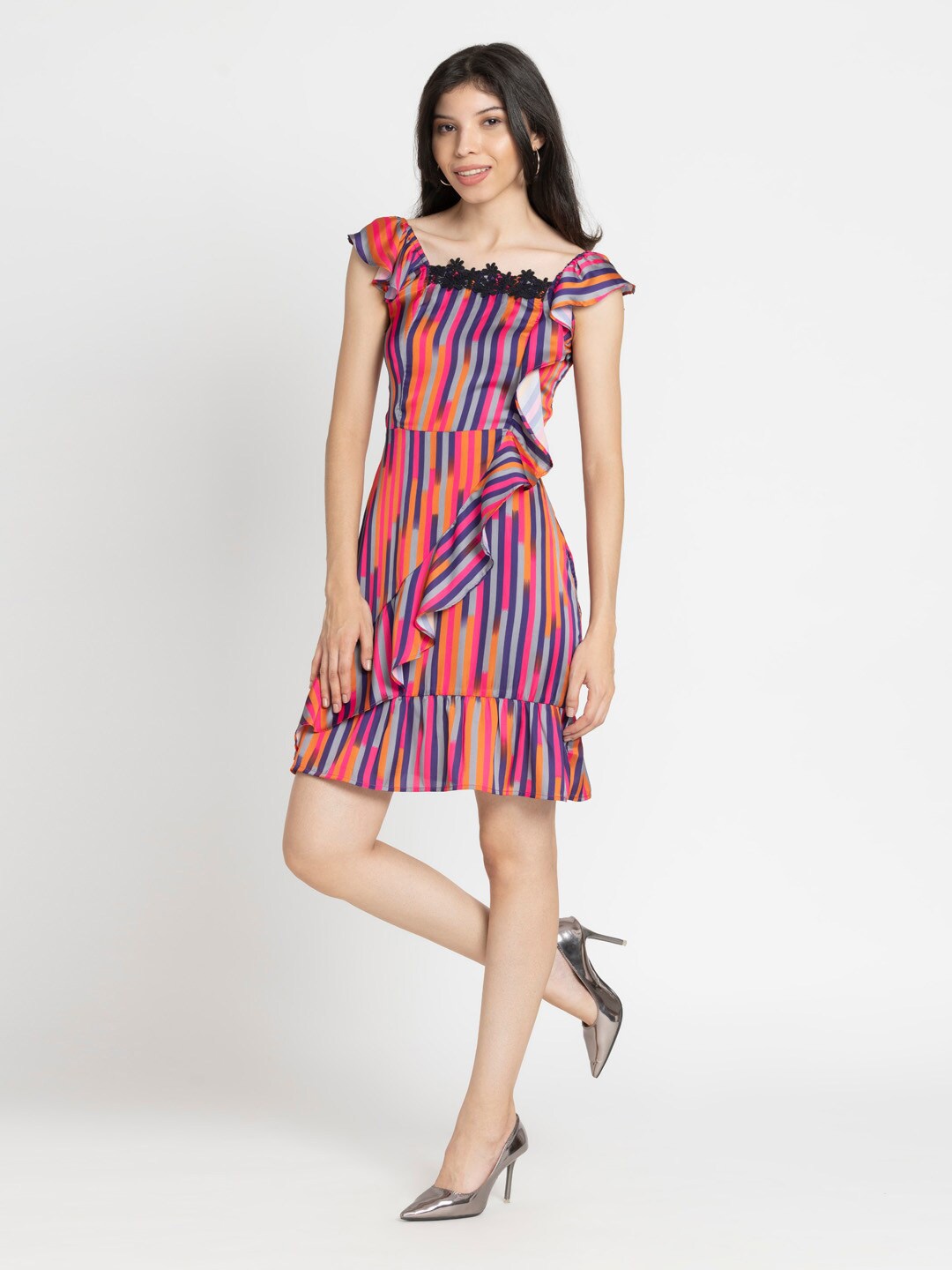 

SHAYE Striped Square Neck Ruffled Fit & Flare Dress, Purple