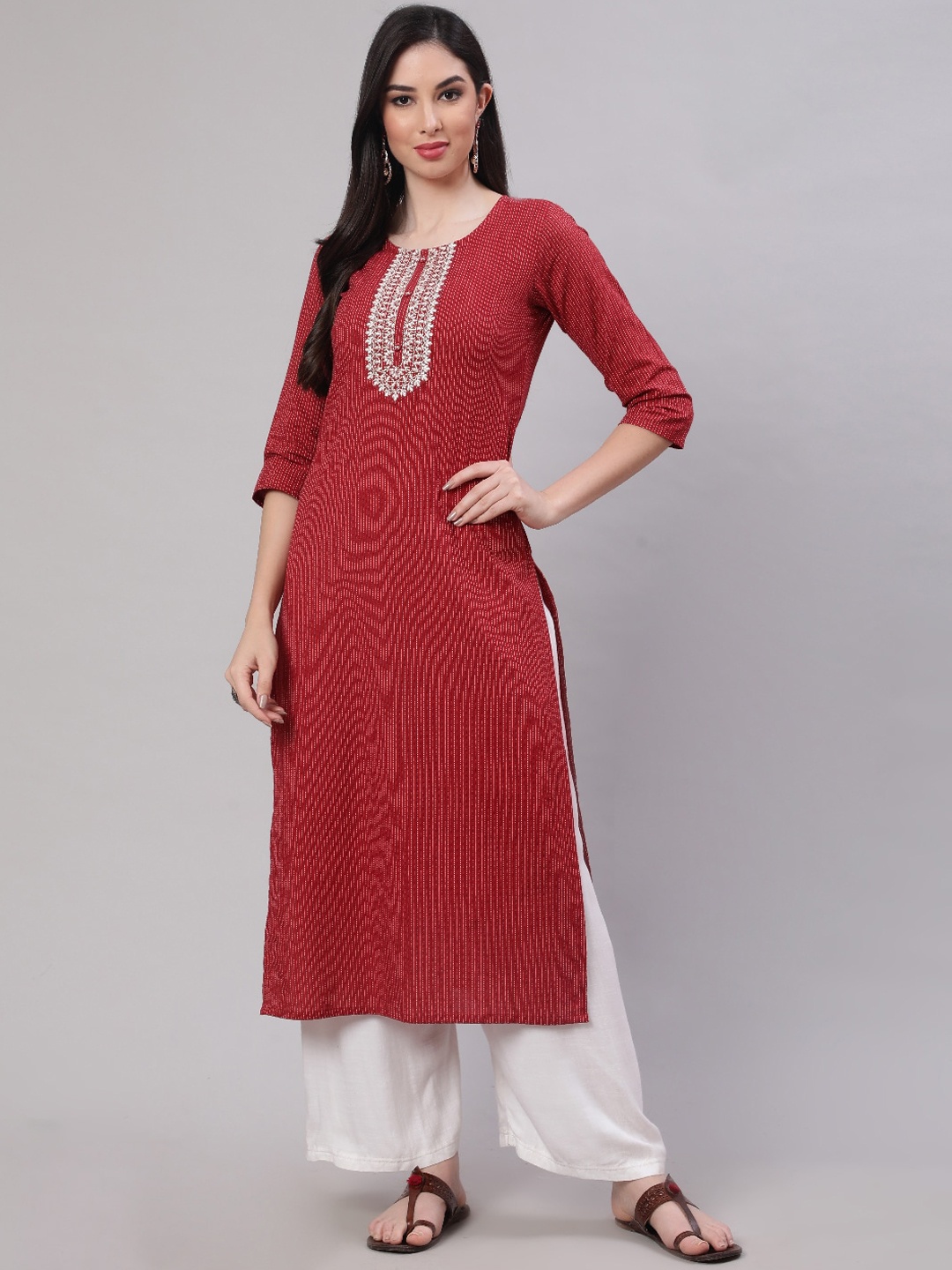 

Nayo Maroon Coloured Woven Design Embroidered Round Neck Cotton Straight Kurta