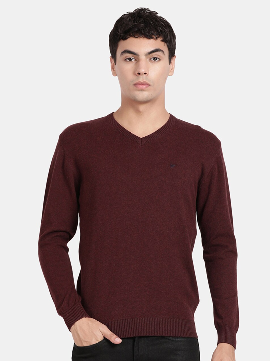 

t-base V-Neck Long Sleeves Cotton Pullover, Maroon