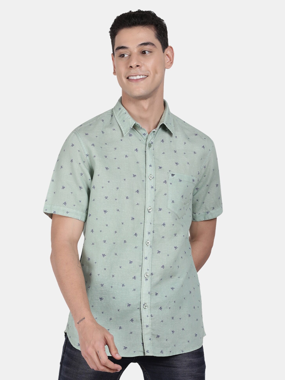 

t-base Conversational Printed Cotton Casual Shirt, Green