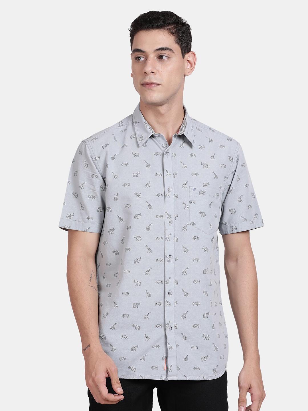 

t-base Conversational Printed Cotton Casual Shirt, Grey