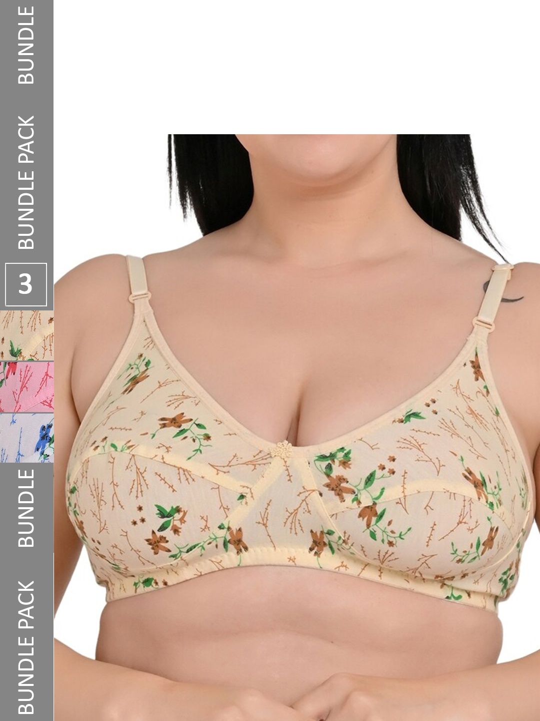 

Piylu Pack Of 3 Printed Half Coverage Non Padded Cotton Everyday Bra All Day Comfort, Cream