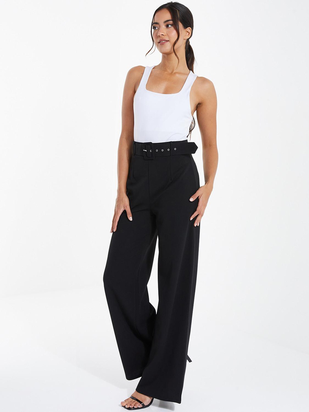 

QUIZ Women High-Rise Relaxed Loose Fit Parallel Trousers, Black