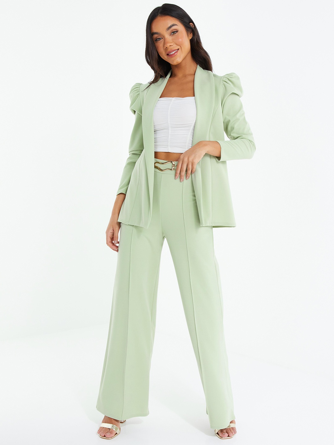 

QUIZ Women Relaxed Straight Leg Straight Fit High-Rise Easy Wash Pleated Parallel Trousers, Green