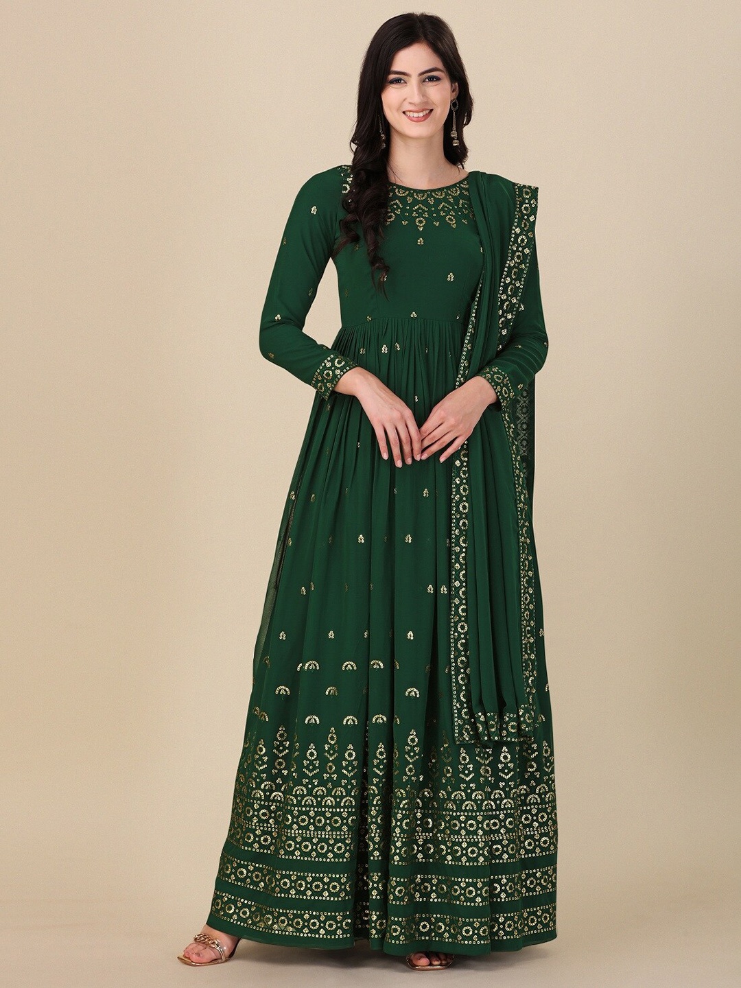 

Ethnic Yard Embroidered Semi-Stitched Dress Material, Green