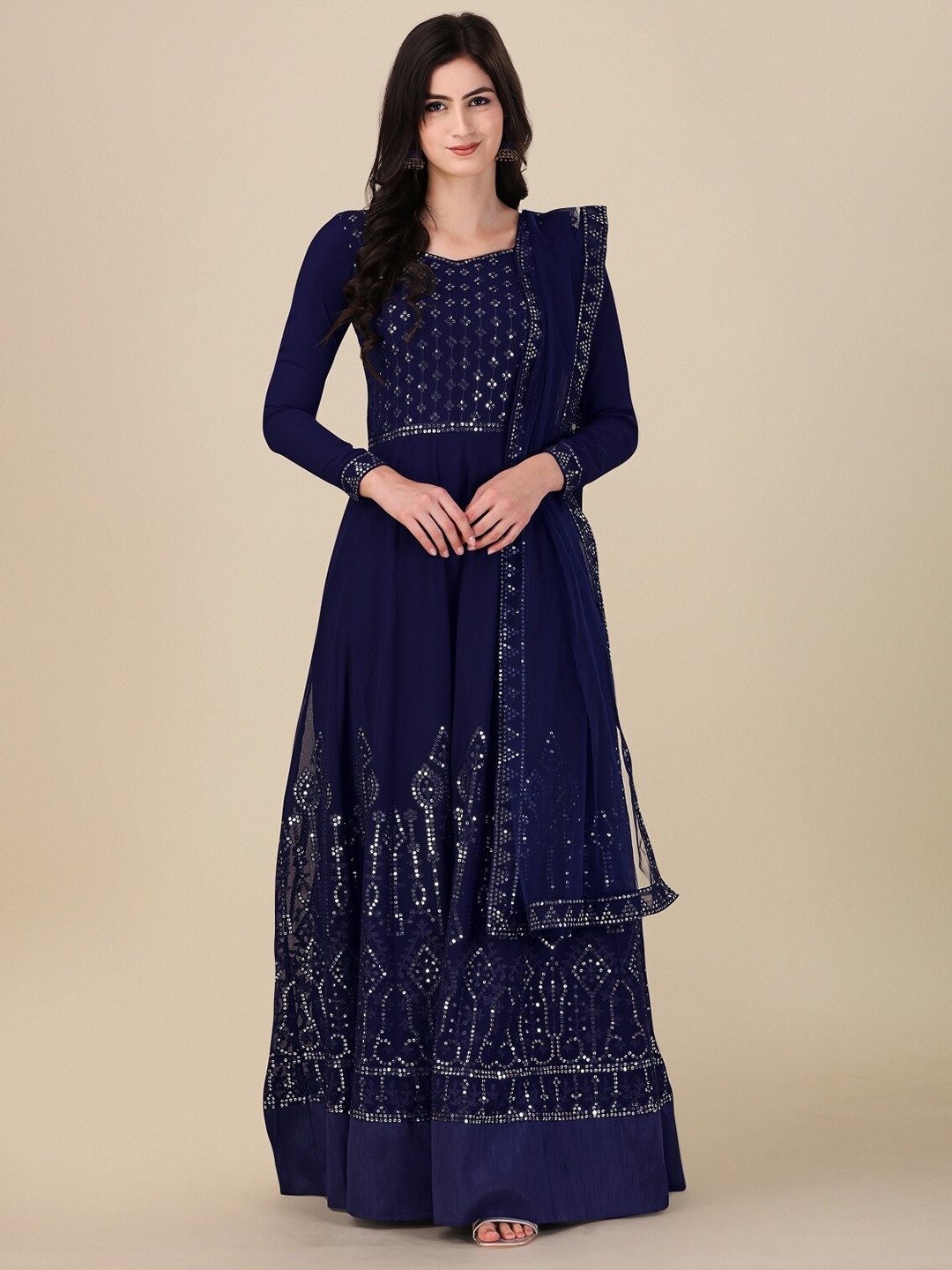 

Ethnic Yard Blue Embroidered Semi-Stitched Dress Material