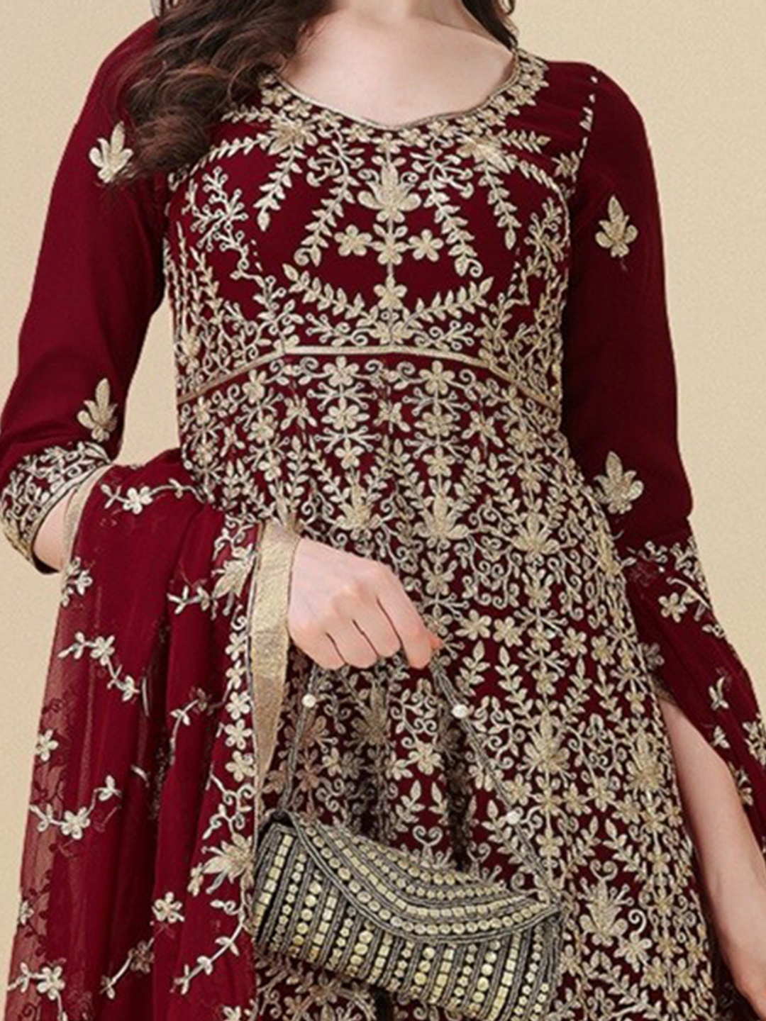 

Ethnic Yard Embroidered Semi-Stitched Dress Material, Maroon
