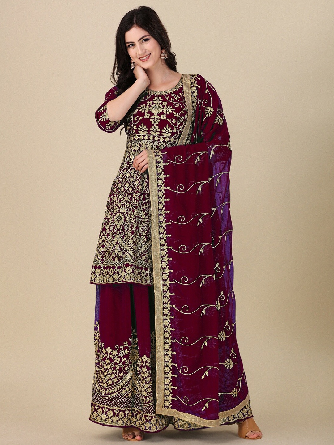 

Ethnic Yard Embroidered Semi-Stitched Dress Material, Maroon