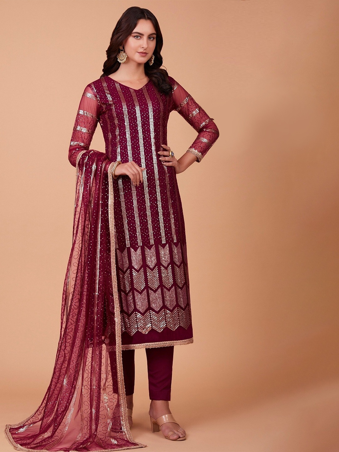 

Ethnic Yard Embroidered Semi-Stitched Dress Material, Red