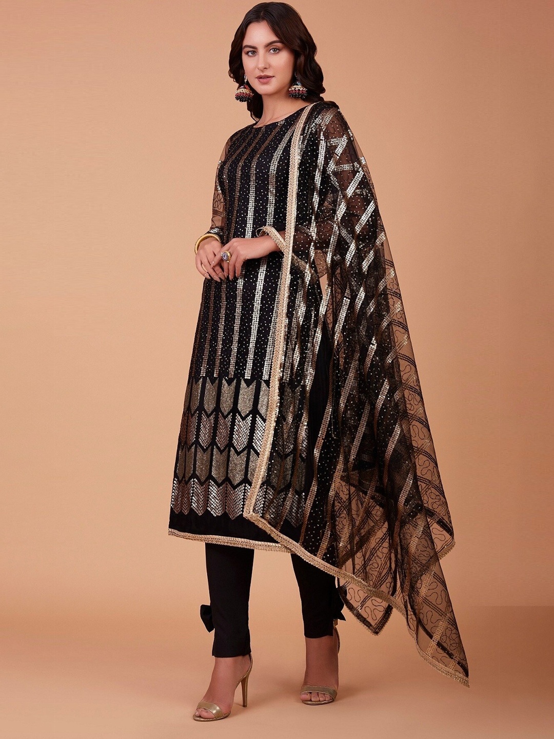 

Ethnic Yard Embroidered Semi-Stitched Dress Material, Black