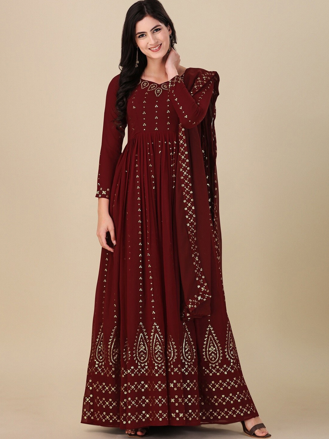 

Ethnic Yard Embroidered Semi-Stitched Dress Material, Maroon