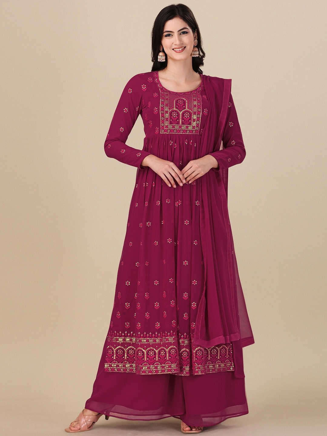 

Ethnic Yard Embroidered Semi-Stitched Dress Material, Pink