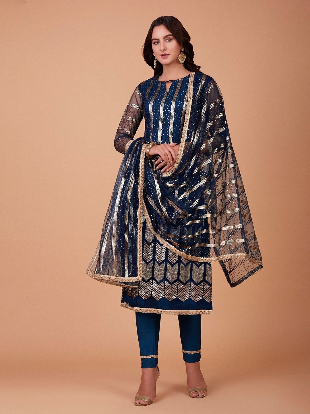 

Ethnic Yard Embroidered Semi-Stitched Dress Material, Blue