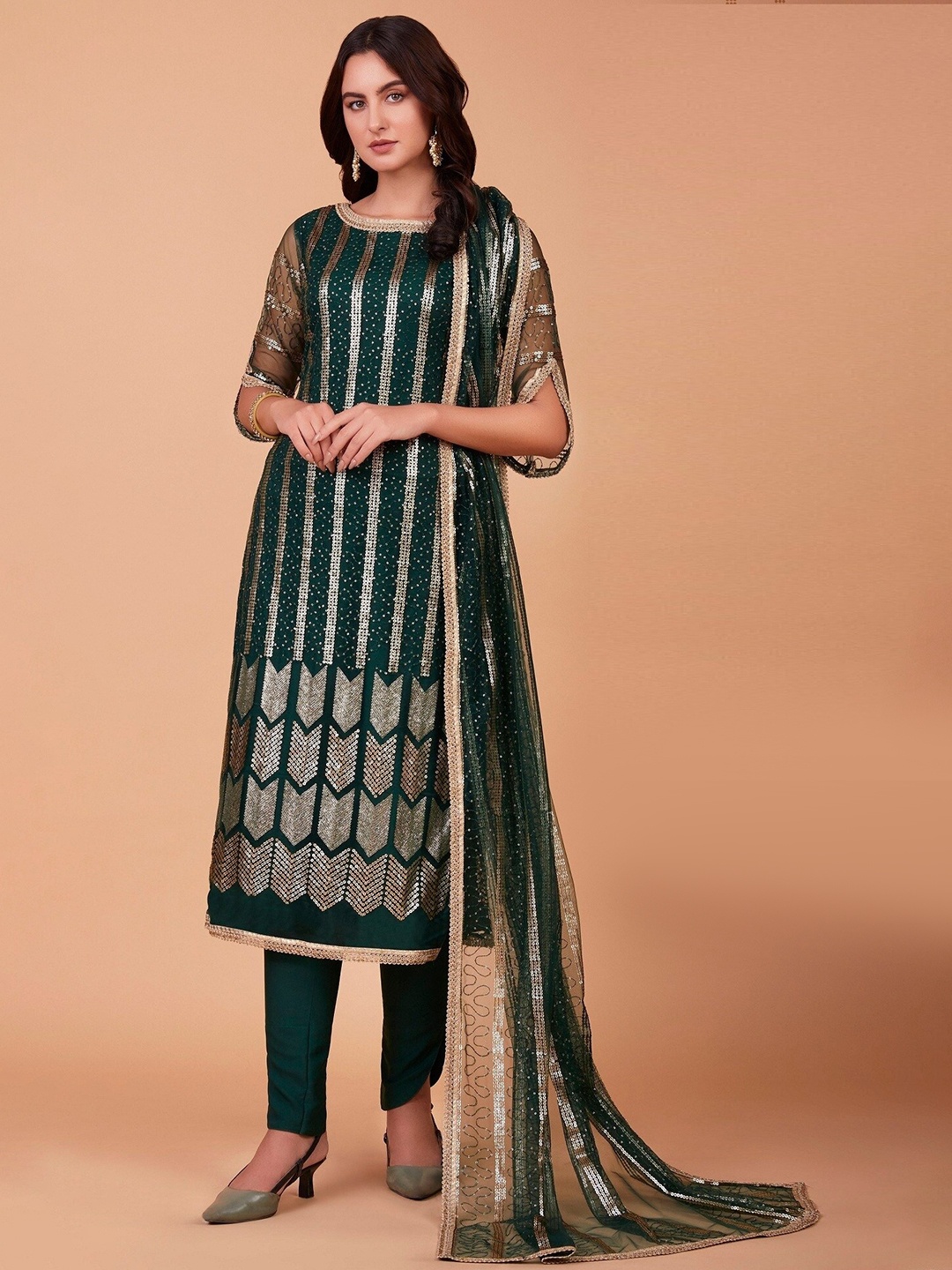 

Ethnic Yard Embroidered Semi-Stitched Dress Material, Green