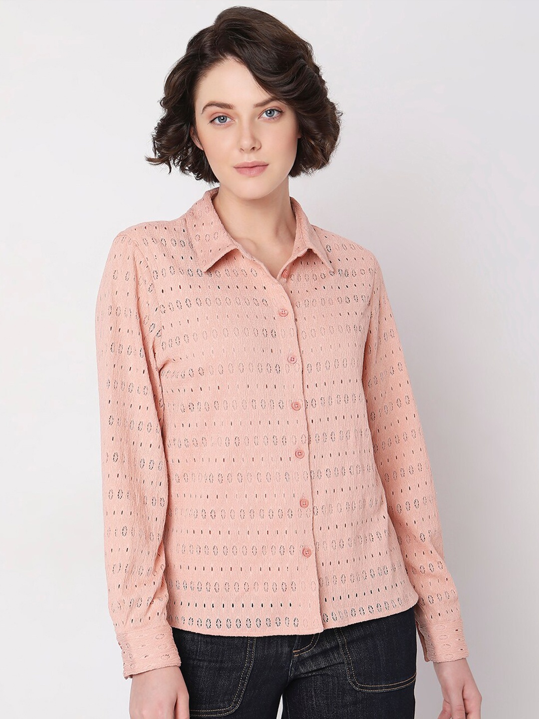 

Vero Moda Self Design Opaque Schiffli Casual Shirt, Pink