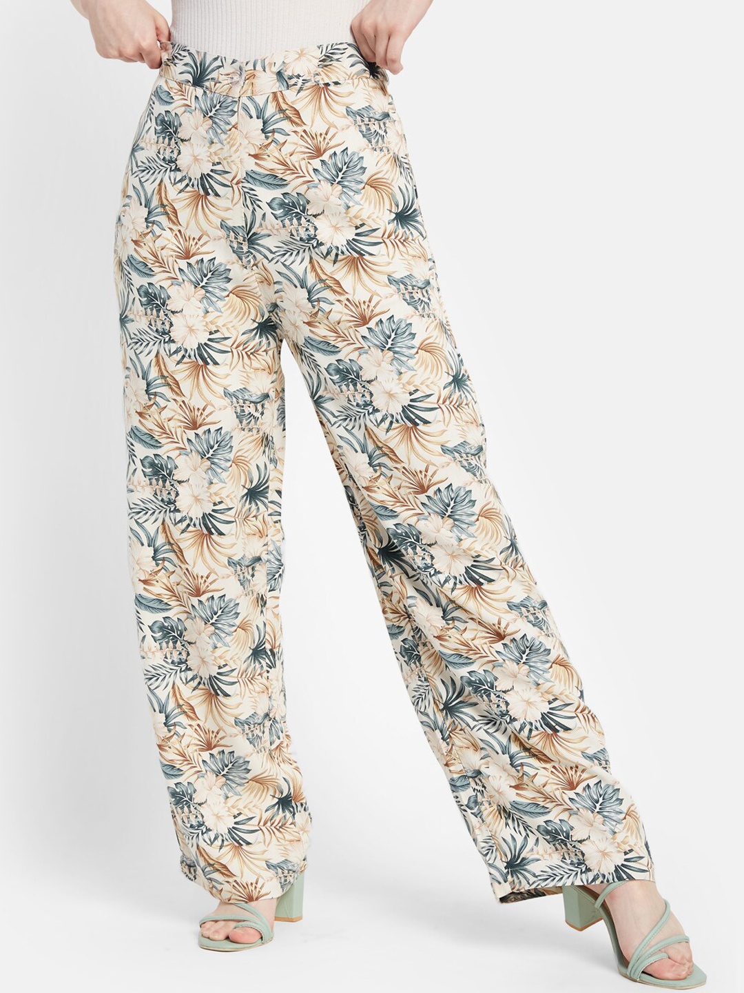 

METTLE Women Floral Printed Straight Fit High-Rise Trousers, Cream