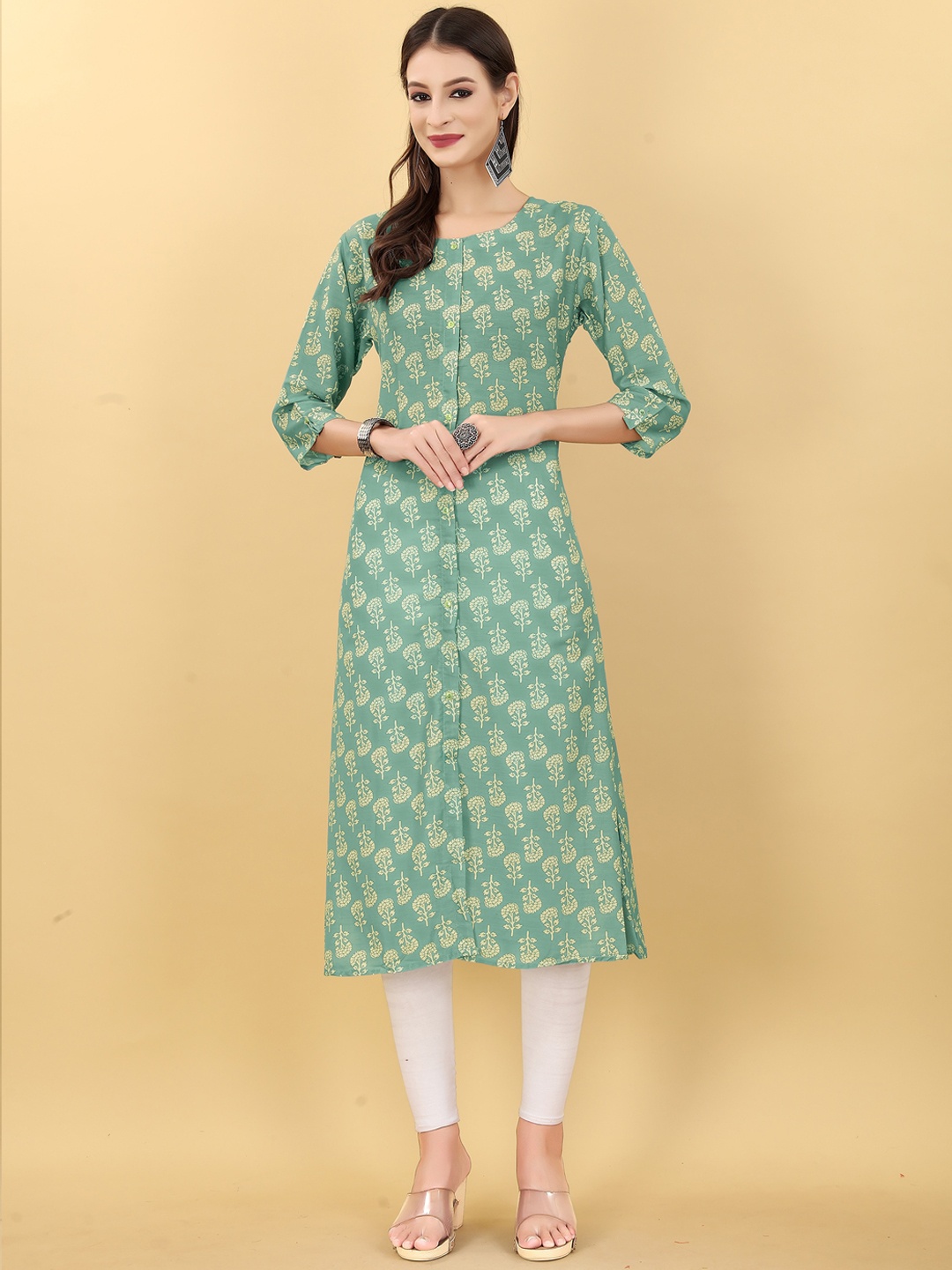 

UNITED LIBERTY Floral Printed Cotton Anarkali Kurta, Green