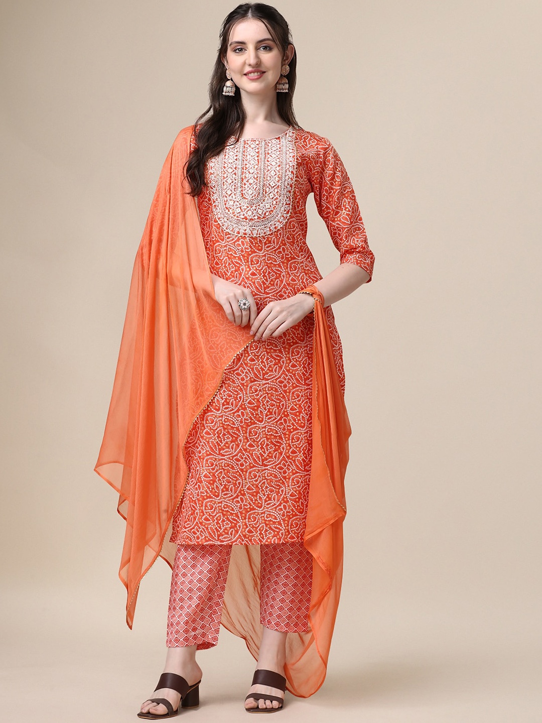 

Berrylicious Bandhani Printed Embroidered Regular Kurta & Trousers With Dupatta, Orange