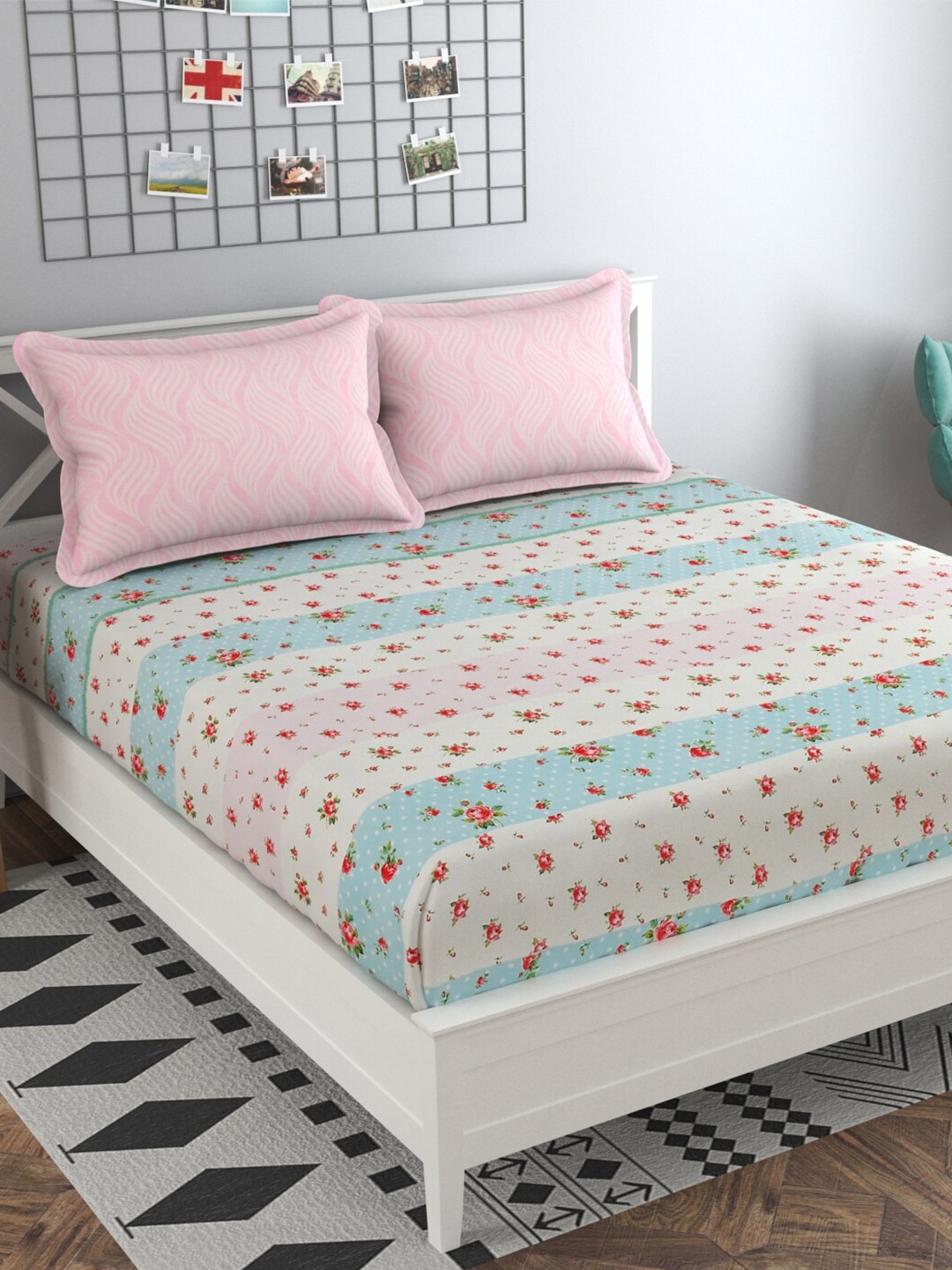 

MAFATLAL Pink & Blue Floral 160 TC Queen Bedsheet with 2 Pillow Covers